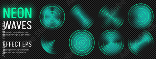 Green radar light and sonar wave ffect. Radio sensor signal with neon glow hud design. Radial scan arc, concentric field spread overlay. Realistic smart car circular audio pulse for antenna set