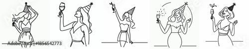 vector line art woman half.body toasting drink at party celebration