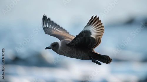 Seabird flying in midair with wings fully spread against a cold polar background, capturing freedom, motion, and wildlife survival in extreme northern nature