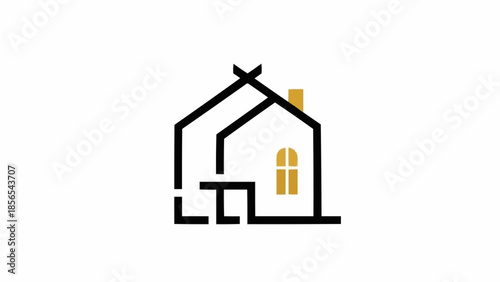 Minimalist outline of a house with a chimney and window.