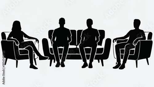 Group therapy session with silhouettes of people sitting on couches.