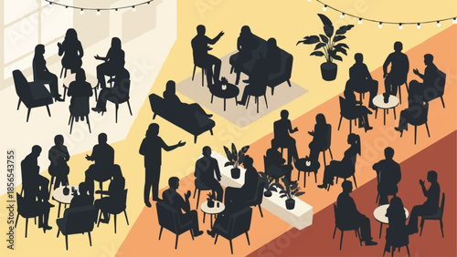 Silhouettes of people gathered in a modern lounge area.