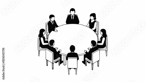 Business meeting around a circular table with eight people discussing ideas.