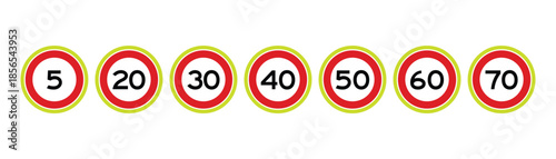 Speed Limit Sign Series from 5 to 70 km/h with Yellow-Green Ring – High Quality Vectorial Road Sign Set