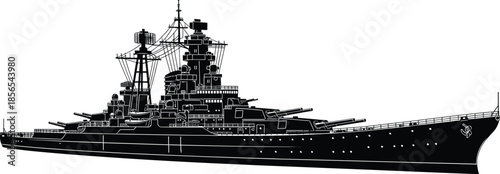 Battleship silhouette illustration with mid-century armament and superstructure for military history, naval design, and warfare themes.