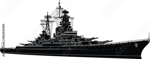 Battleship silhouette illustration with detailed armament and superstructure for military, naval architecture, and maritime engineering themes.