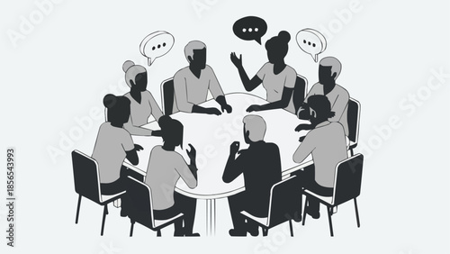 Diverse group of people in a meeting discussing ideas around a round table.