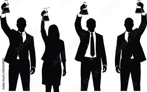 Business-science silhouette set with four figures holding lab flasks for innovation, teamwork, and professional achievement themes.