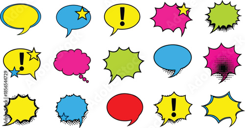 Collection of Colorful Speech Bubbles with Stars, Exclamation Points, and Comic Book Style Effects