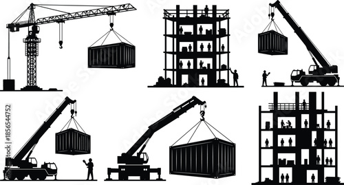 Construction scene silhouette set with cranes, containers, and workers for infrastructure, logistics, and industrial design themes.