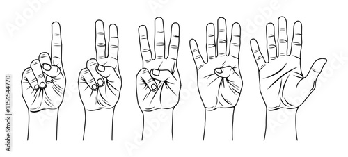 Set of Hand Gesture Finger Sign Numbers One Two Three Four Five – Black and White Line Art  Vector Illustration