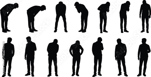 Contemplative and distressed silhouette set with sixteen expressive poses for emotion, psychology, and body language themes.