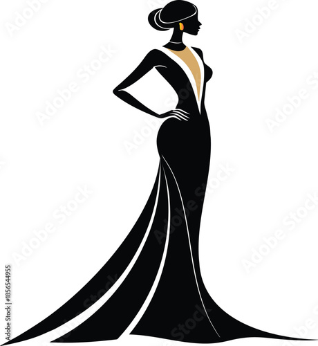 Stylish silhouette of an elegant woman in a long black evening gown with a graceful train