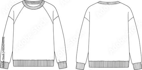 Crewneck sweatshirt technical flat sketch with front and back views for fashion design, garment production, and apparel templates.