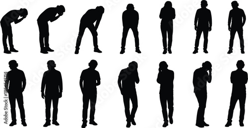 Emotional silhouette set with fifteen expressive poses of stress, contemplation, and sadness for psychology and body language themes.