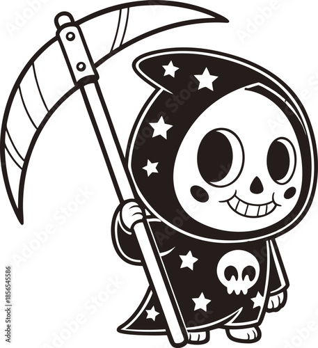 Cute Grim Reaper Character with Scythe and Stars death