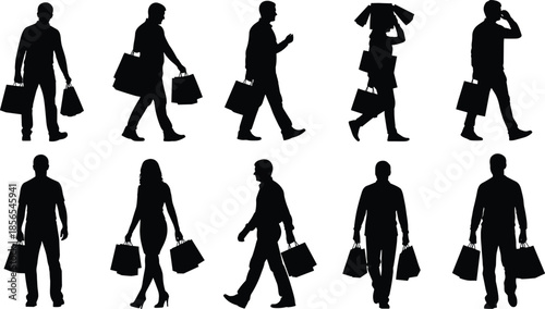 Shopping silhouette set with ten diverse postures and gestures for retail, consumer behavior, and lifestyle design themes.