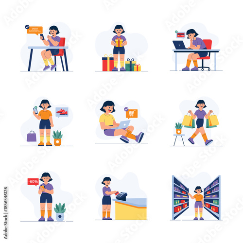 Well designed amazing flat style illustrations set of shopping activities