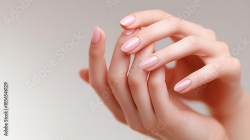 Close-up of a woman's hand with pastel pink oval nails. Pastel pink nails, Oval nail design, Soft manicure