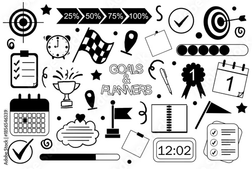 Hand-drawn goals and planners doodle illustration featuring black and white line art elements. Minimalist sketch style perfect for productivity concepts, goal setting, habit tracking, and planning