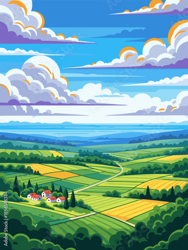 Aerial vector illustration of a serene landscape with rolling hills and fields under a blue sky with white clouds