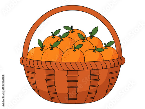 A vibrant vector illustration of a wicker basket overflowing with oranges, leaves, and citrus