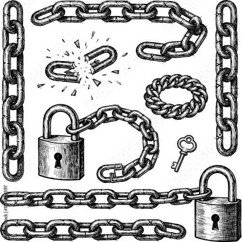 Hand Drawn Chains and Padlocks Set – Vintage Ink Sketch of Metal Links, Broken Chain and Lock with Key