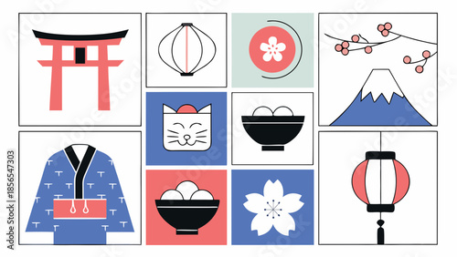 Japanese Icon Set in Minimalist Geometric Grid Design