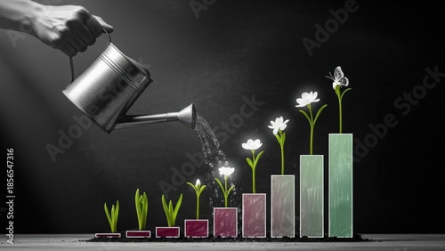 Hand waters growing plants and bar graphs, symbolizing investment, financial success, and organic business development on a dark background