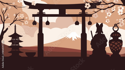 Japanese Silhouette Landscape with Torii Gate and Sakura