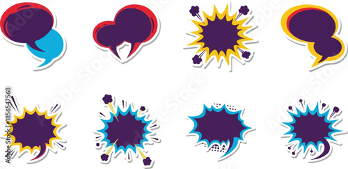 Comic book speech bubbles and explosion shapes with colorful outlines on white