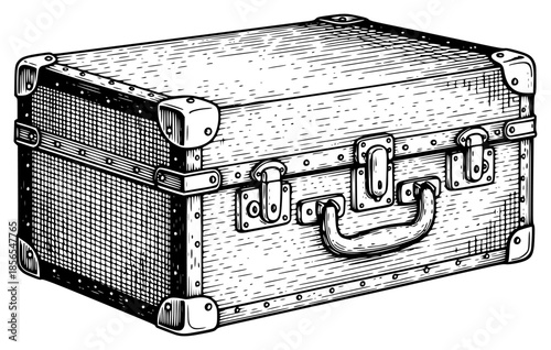 a black and white drawing of an old trunk or suitcase, black, chest, drawing, illustration, luggage, old, picture, suitcase, trunk, against transparent background