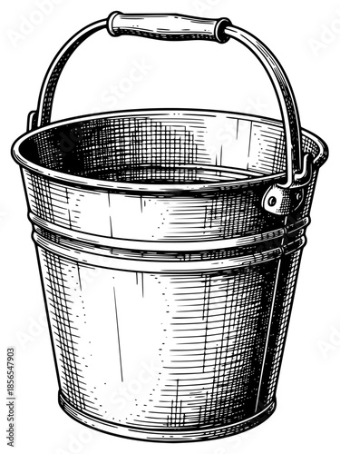 a black and white picture of a bucket with a handle for water, basket, black, bucket, clip art, drawing, engraving, handle, illustration, picture, water, against transparent background