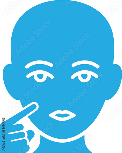 Blue cartoon character with finger to lips in a thinking pose