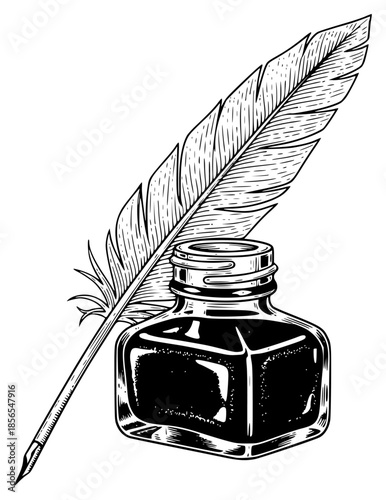 a black and white drawing of a feather and a bottle of ink, black, bottle, drawing, feather, illustration, ink, pen, against transparent background