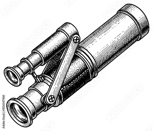 a black and white drawing of an antique telescope, antique, black, drawing, engraving, illustration, telescope, against transparent background