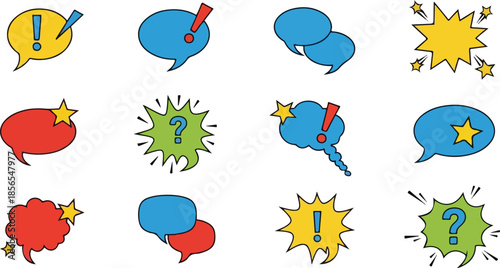 Collection of colorful speech bubbles and comic elements for communication and expression