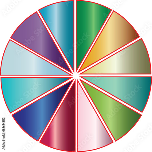 Illustration of colorful metallic color wheel divided into twelve segments, vector graphic