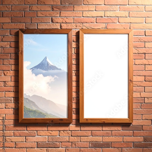 Two rectangular wooden picture frames, one with landscape and other blank