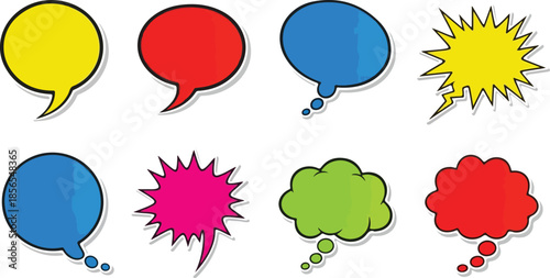 Colorful Speech Bubbles and Comic Style Thought Icons for Communication and Design