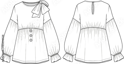 Fashion technical drawing of women blouse, front and back view, long sleeve top with bow detail, button placket, apparel design illustration, flat sketch vector