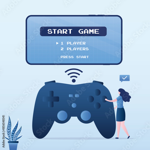 Start new game. User press button on controller or joystick for console. Female character starting to play a video game. Cyber gaming,