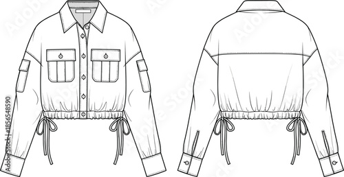 technical fashion illustration, cropped utility jacket, front back view, women outerwear design, drawstring waist, long sleeve jacket, flat sketch, apparel blueprint