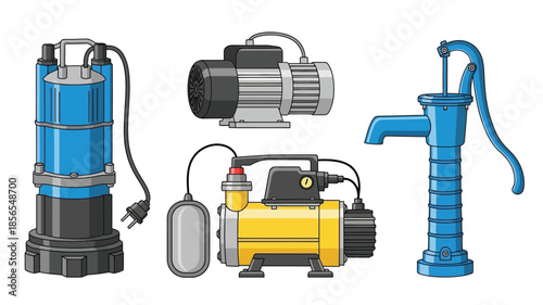 Illustration of various water pumps including submersible jet and manual types