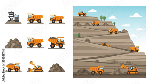Heavy machinery at work dump trucks and excavators in a quarry landscape