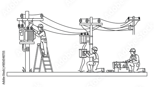 Electrical linemen performing maintenance and repairs on power lines and transformers