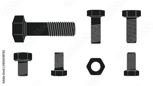 Black and white illustration of various bolts screws and a nut