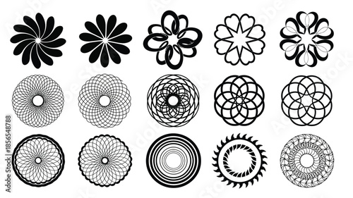 A collection of symmetrical black and white floral and circular designs