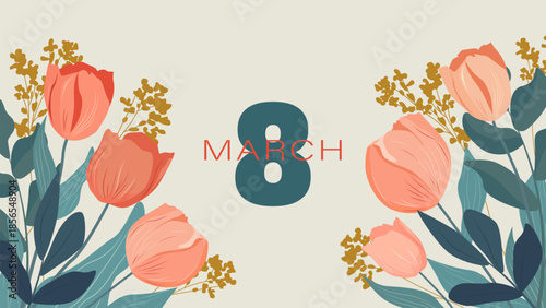 Women's Day, beautiful background with tulips and pussy willow. March 8, International Women's Day. Vector illustration for typographic design of a greeting card or banner.