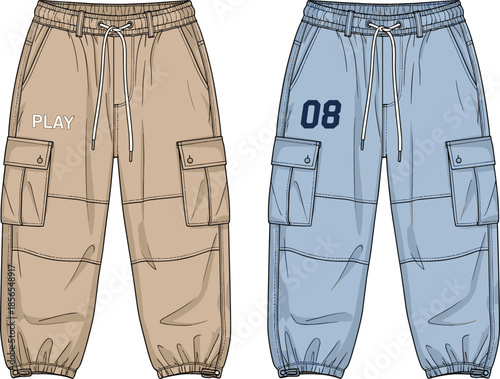 Modern cargo jogger pants illustration, streetwear fashion trousers, side pocket design, elastic waistband, casual urban apparel, vector clothing template, sporty unisex pants design